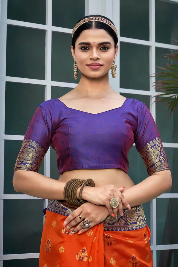 Sariya_Orange_Banarasi_Jacquard_Woven_Contrast_Pallu_Saree_For_Women_|_With_Blouse_Piece