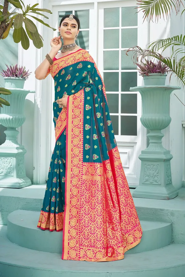 Light_Blue_Banarasi_Silk_Jacquard_Woven_Meenakari_Saree_For_Women_|_With_Blouse_Piece
