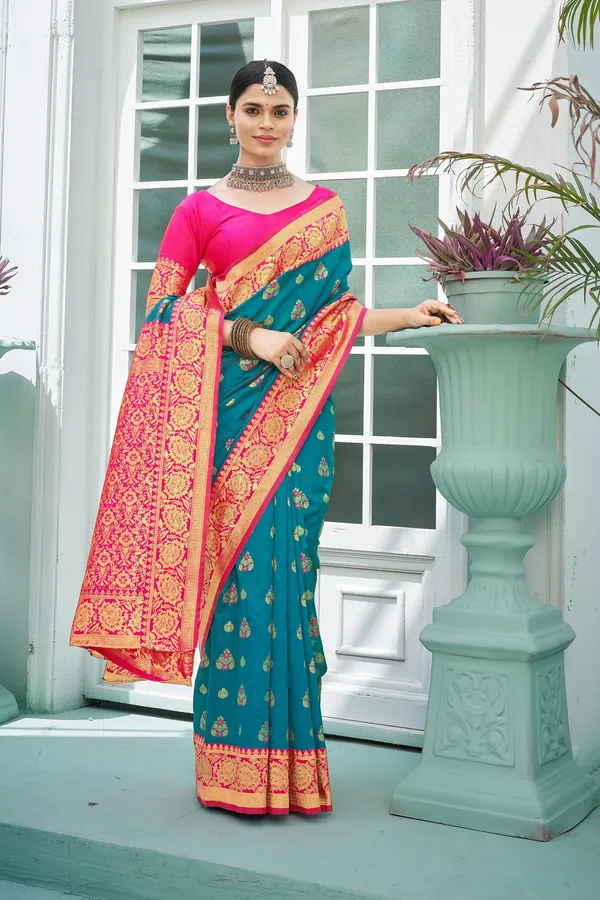 Light_Blue_Banarasi_Silk_Jacquard_Woven_Meenakari_Saree_For_Women_|_With_Blouse_Piece