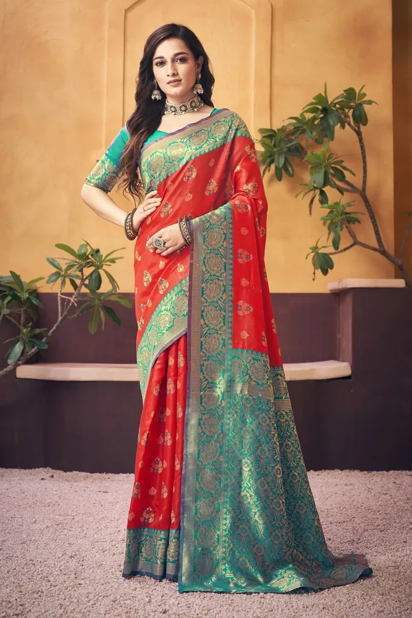 Red_Banarasi_Silk_Blend_Jacquard_Zari_Motif_Woven_Saree_For_Women_|_With_Blouse_Piece