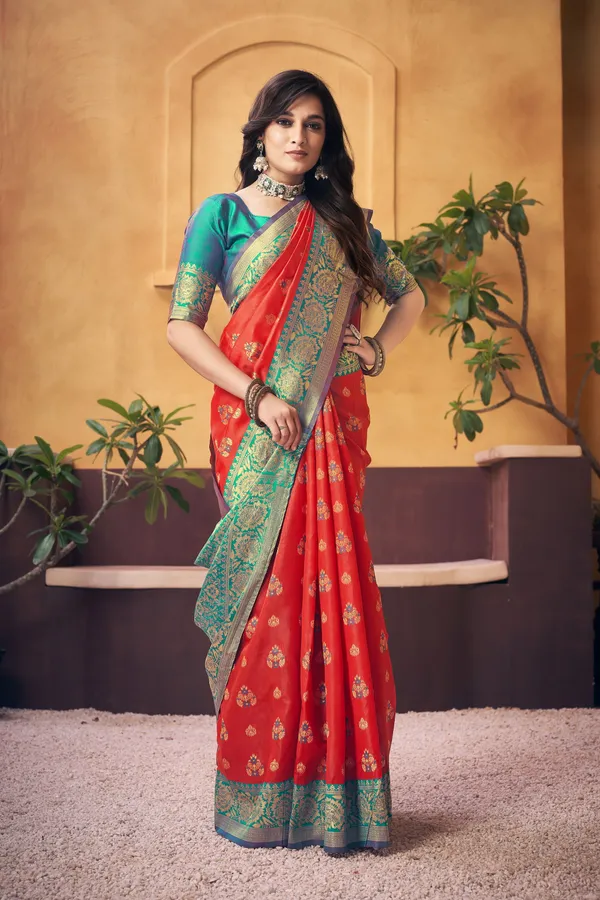 Red_Banarasi_Silk_Blend_Jacquard_Zari_Motif_Woven_Saree_For_Women_|_With_Blouse_Piece