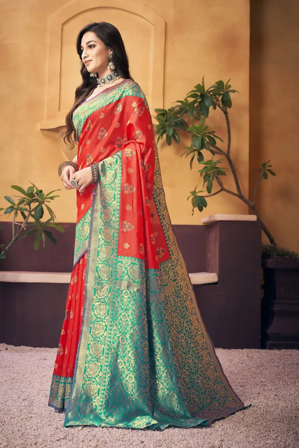 Red_Banarasi_Silk_Blend_Jacquard_Zari_Motif_Woven_Saree_For_Women_|_With_Blouse_Piece