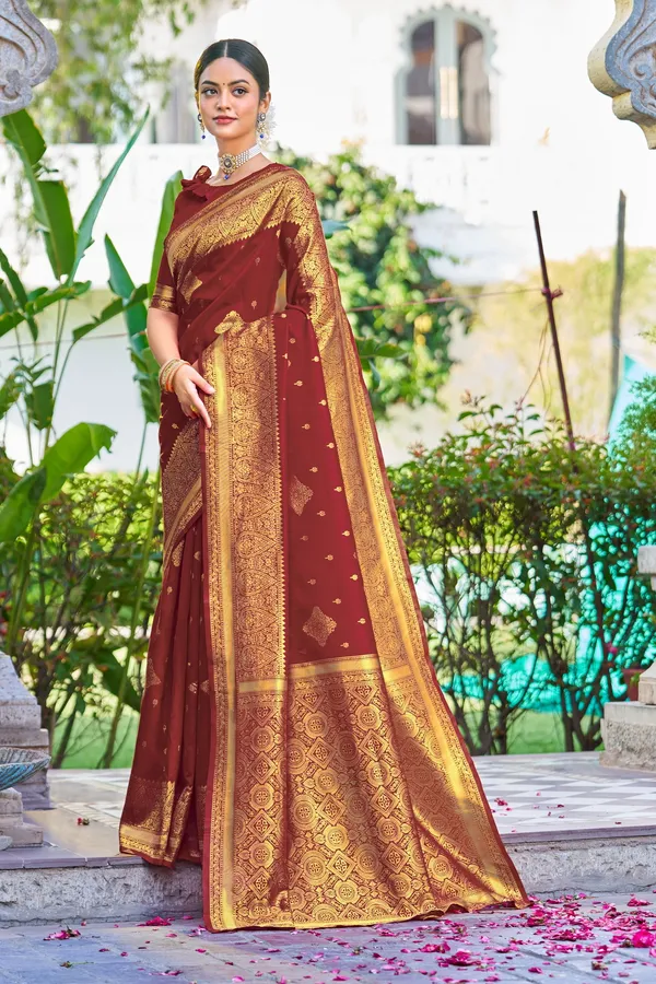 Maroon_Banarasi_Jacquard_Silk_Blend_Woven_Saree_For_Women_|_With_Blouse_Piece