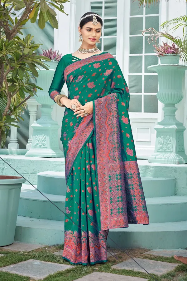 Light_Green_Banarasi_Silk_Jacquard_Red_Thread_Motif_Woven_Saree_For_Women_|_With_Blouse_Piece