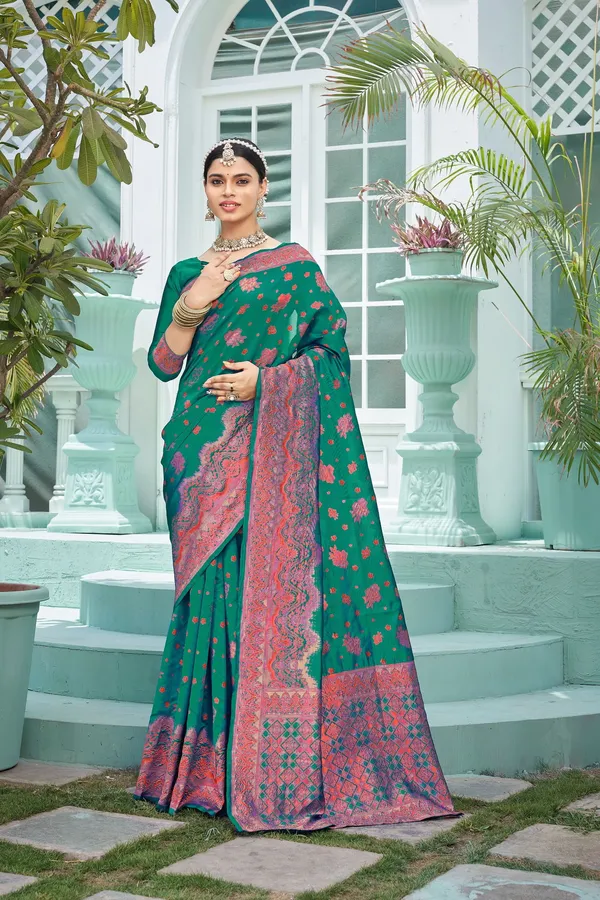 Light_Green_Banarasi_Silk_Jacquard_Red_Thread_Motif_Woven_Saree_For_Women_|_With_Blouse_Piece