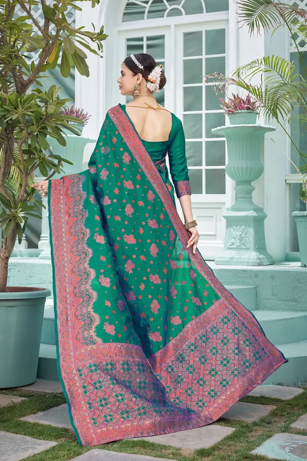 Light_Green_Banarasi_Silk_Jacquard_Red_Thread_Motif_Woven_Saree_For_Women_|_With_Blouse_Piece