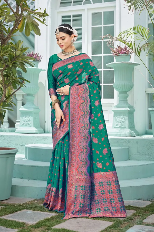 Light_Green_Banarasi_Silk_Jacquard_Red_Thread_Motif_Woven_Saree_For_Women_|_With_Blouse_Piece