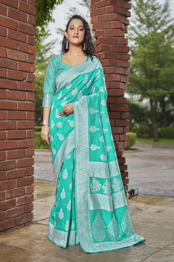 Light_Green_Georgette_Woven_Banarasi_Floral_Jacquard_Saree_For_Women_|_With_Blouse_Piece