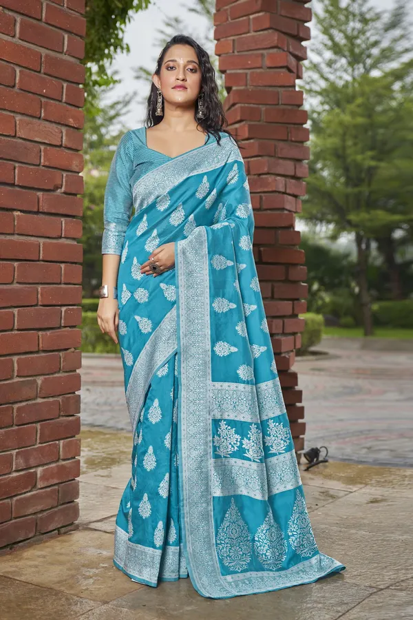 Light_Blue_Georgette_Banarasi_Jacquard_Floral_Woven_Saree_For_Women_|_With_Blouse_Piece