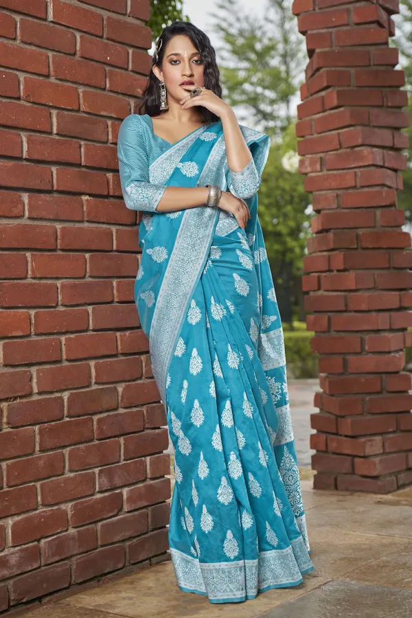 Light_Blue_Georgette_Banarasi_Jacquard_Floral_Woven_Saree_For_Women_|_With_Blouse_Piece