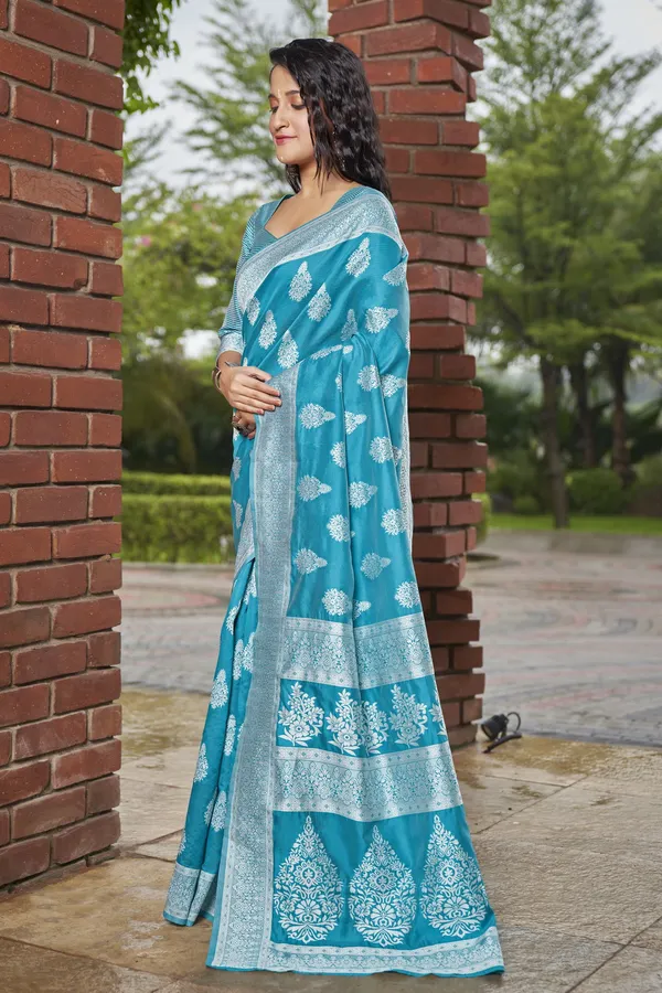 Light_Blue_Georgette_Banarasi_Jacquard_Floral_Woven_Saree_For_Women_|_With_Blouse_Piece