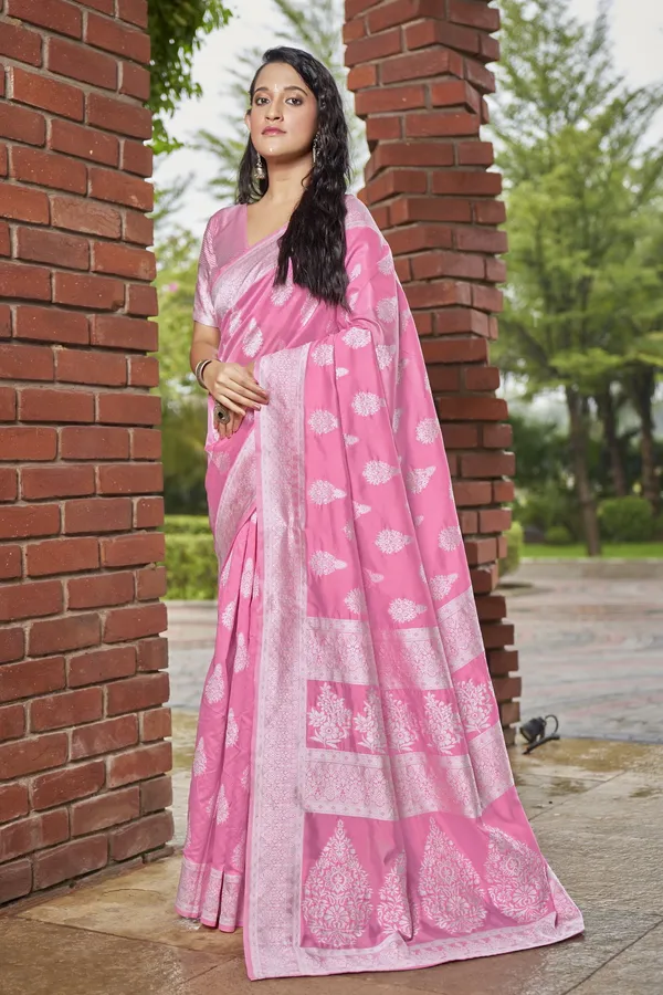 Pink_Banarasi_Jacquard_Silk_Blend_Floral_Woven_Saree_For_Women_|_With_Blouse_Piece