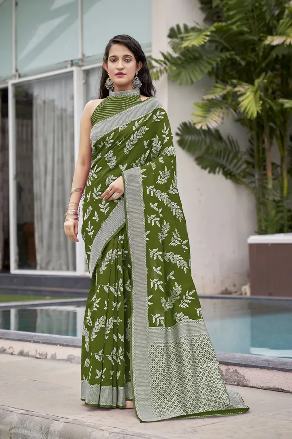 Green_Georgette_Woven_Banarasi_Leaf_Motif_Jacquard_Saree_For_Women_|_With_Blouse_Piece
