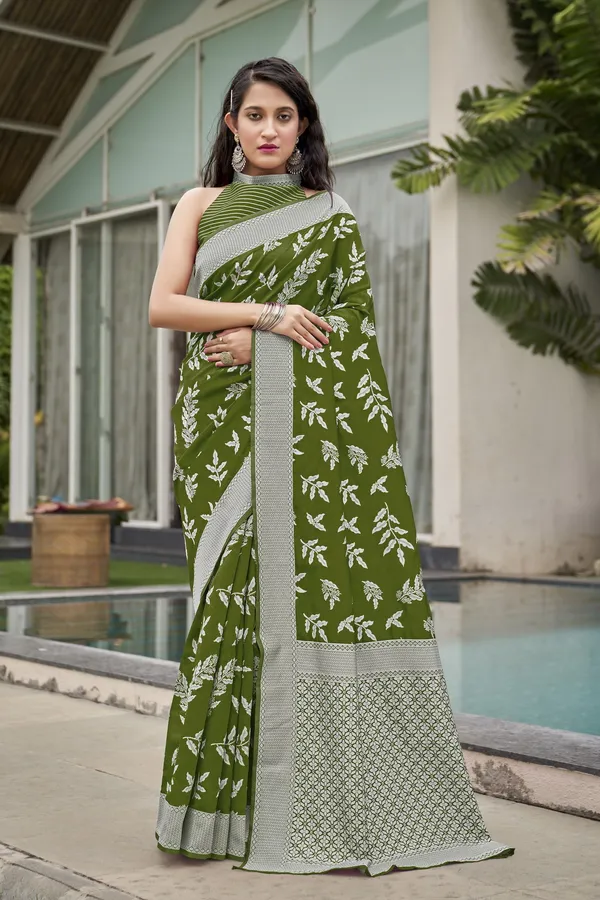 Green_Georgette_Woven_Banarasi_Leaf_Motif_Jacquard_Saree_For_Women_|_With_Blouse_Piece