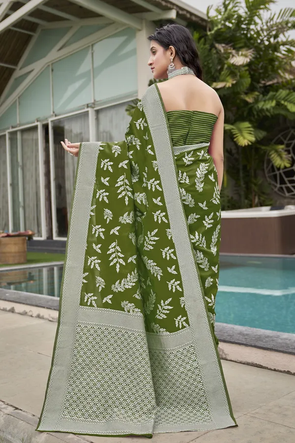 Green_Georgette_Woven_Banarasi_Leaf_Motif_Jacquard_Saree_For_Women_|_With_Blouse_Piece