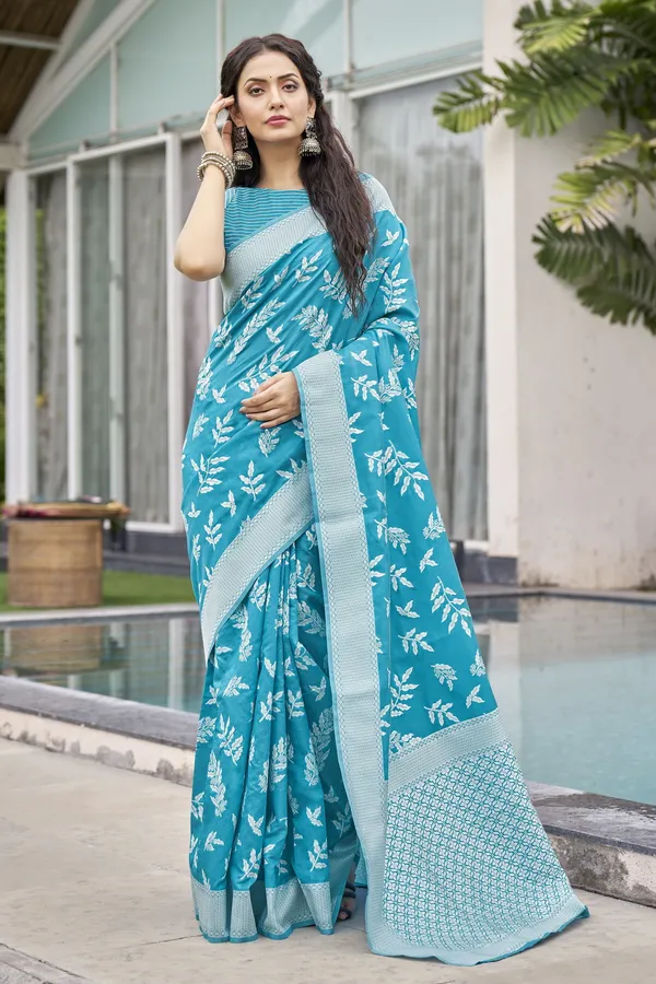 Light_Blue_Georgette_Woven_Banarasi_Jacquard_Saree_For_Women_|_With_Blouse_Piece