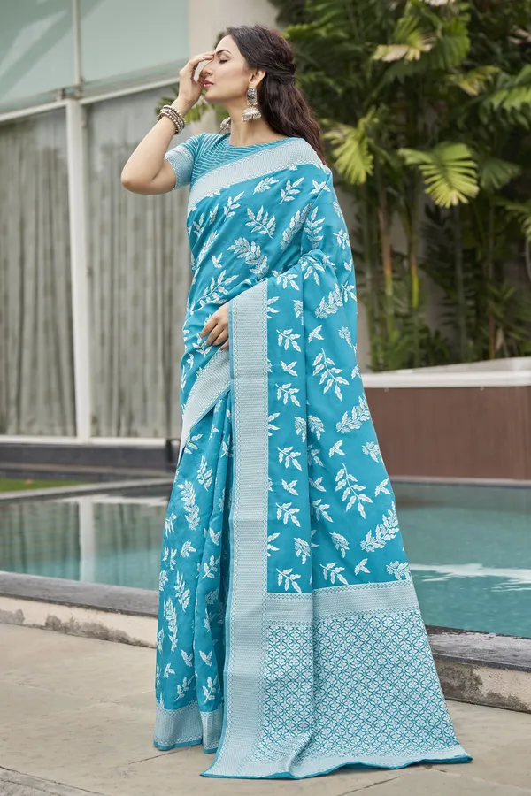 Light_Blue_Georgette_Woven_Banarasi_Jacquard_Saree_For_Women_|_With_Blouse_Piece