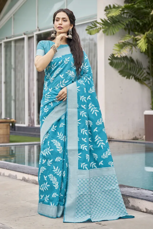 Light_Blue_Georgette_Woven_Banarasi_Jacquard_Saree_For_Women_|_With_Blouse_Piece