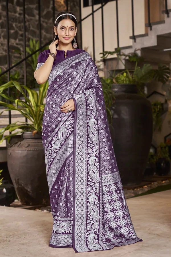 Purple_Banarasi_Silk_Blend_Jacquard_Floral_Woven_Saree_For_Women_|_With_Blouse_Piece