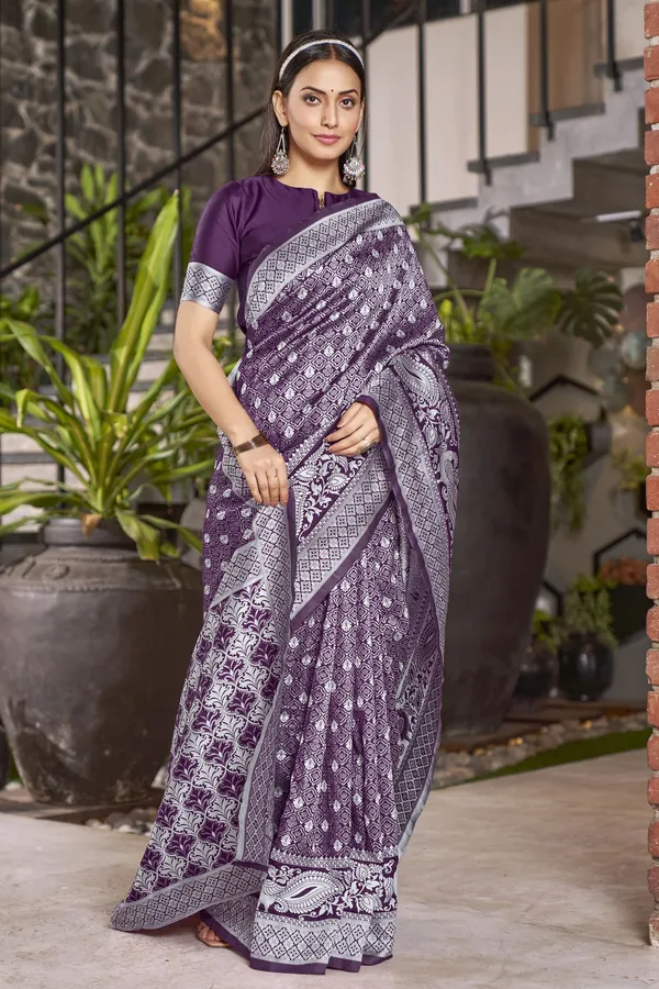 Purple_Banarasi_Silk_Blend_Jacquard_Floral_Woven_Saree_For_Women_|_With_Blouse_Piece