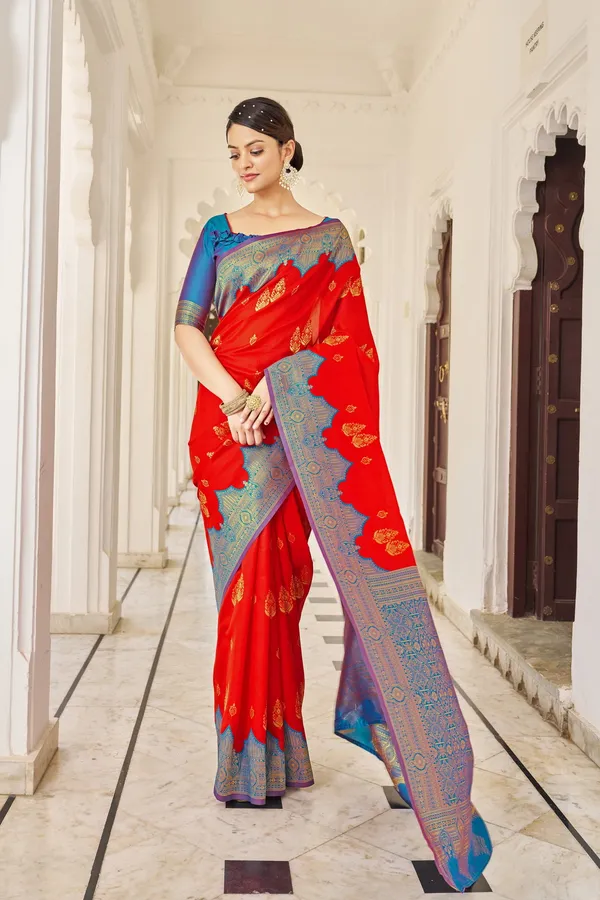 Red_Light_Blue_Banarasi_Silk_Blend_Jacquard_Zari_Woven_Saree_For_Women_|_With_Blouse_Piece