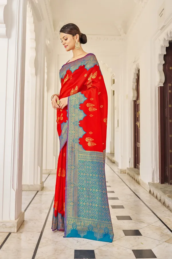 Red_Light_Blue_Banarasi_Silk_Blend_Jacquard_Zari_Woven_Saree_For_Women_|_With_Blouse_Piece