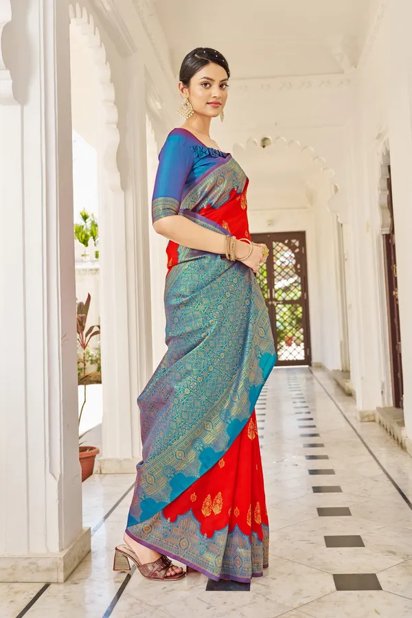 Red_Light_Blue_Banarasi_Silk_Blend_Jacquard_Zari_Woven_Saree_For_Women_|_With_Blouse_Piece