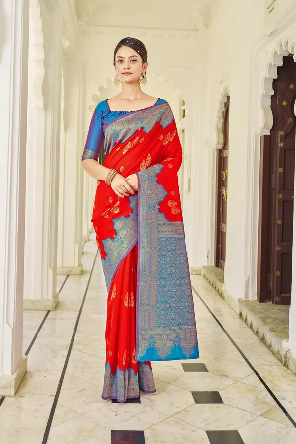 Red_Light_Blue_Banarasi_Silk_Blend_Jacquard_Zari_Woven_Saree_For_Women_|_With_Blouse_Piece
