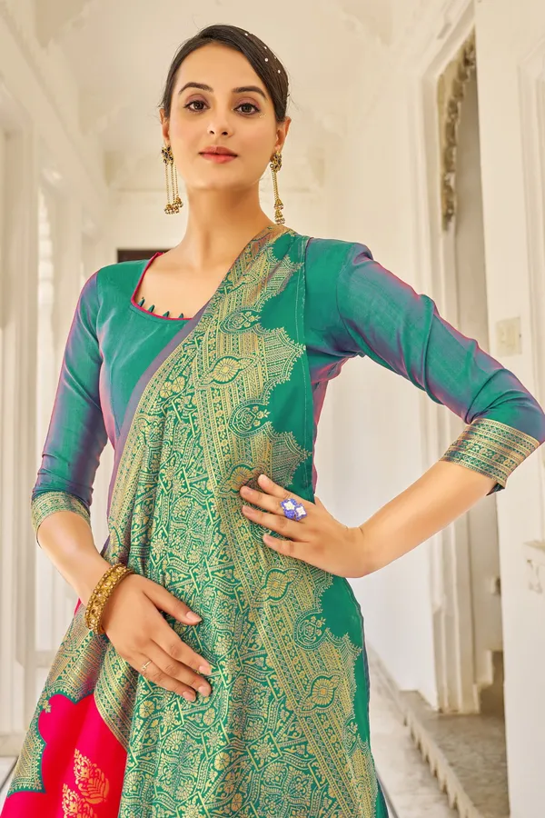 Pink_Light_Green_Georgette_Woven_Banarasi_Jacquard_Saree_For_Women_|_With_Blouse_Piece