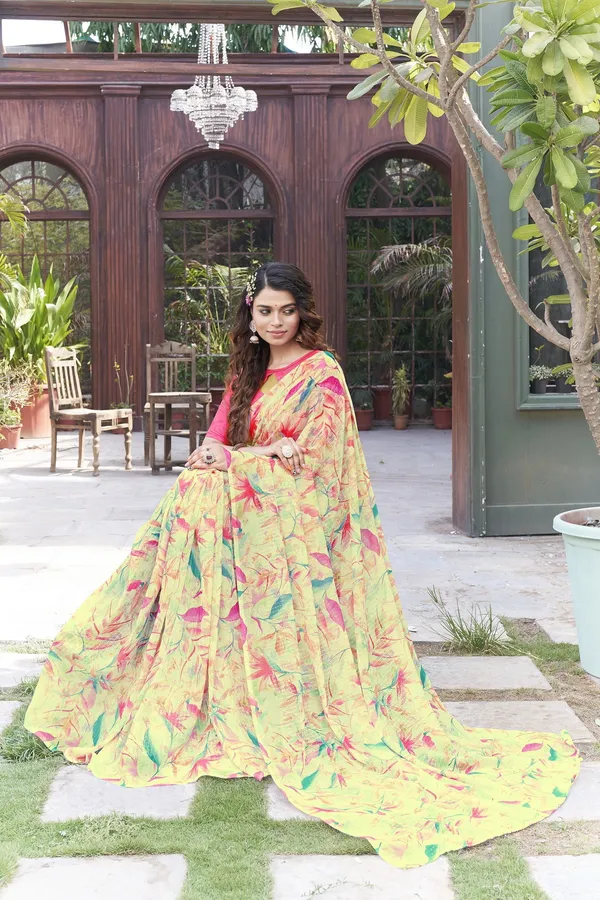 Yellow_Georgette_Sequin_Embroidered_Digital_Print_Saree_For_Women_|_With_Blouse_Piece