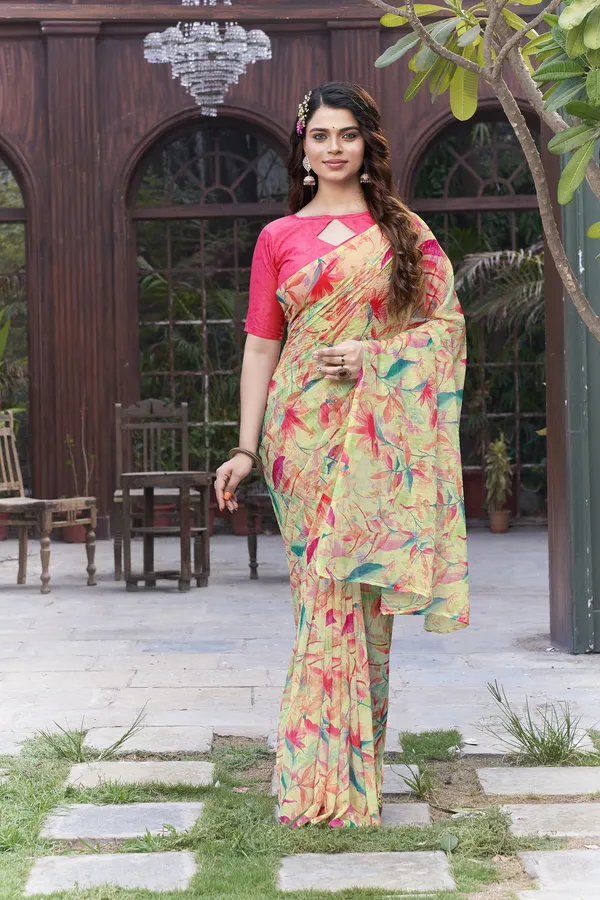 Yellow_Georgette_Sequin_Embroidered_Digital_Print_Saree_For_Women_|_With_Blouse_Piece
