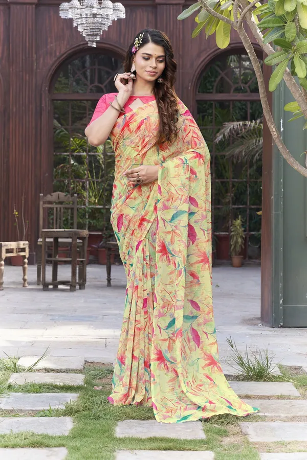 Yellow_Georgette_Sequin_Embroidered_Digital_Print_Saree_For_Women_|_With_Blouse_Piece