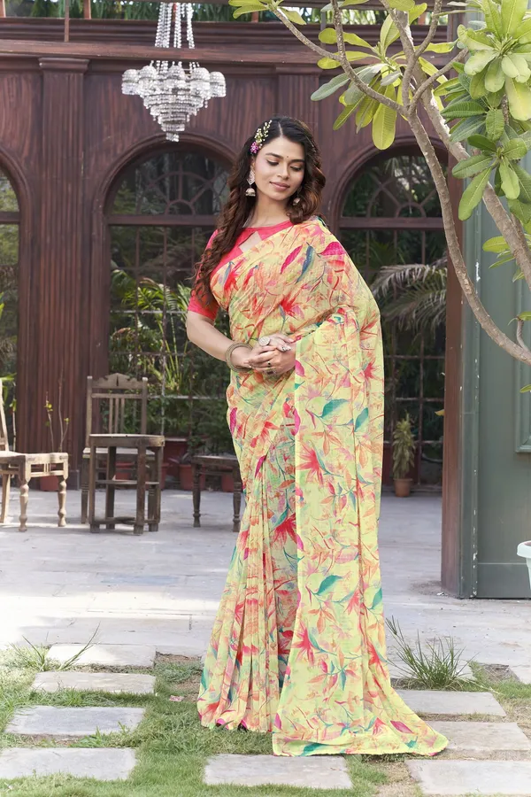 Yellow_Georgette_Sequin_Embroidered_Digital_Print_Saree_For_Women_|_With_Blouse_Piece