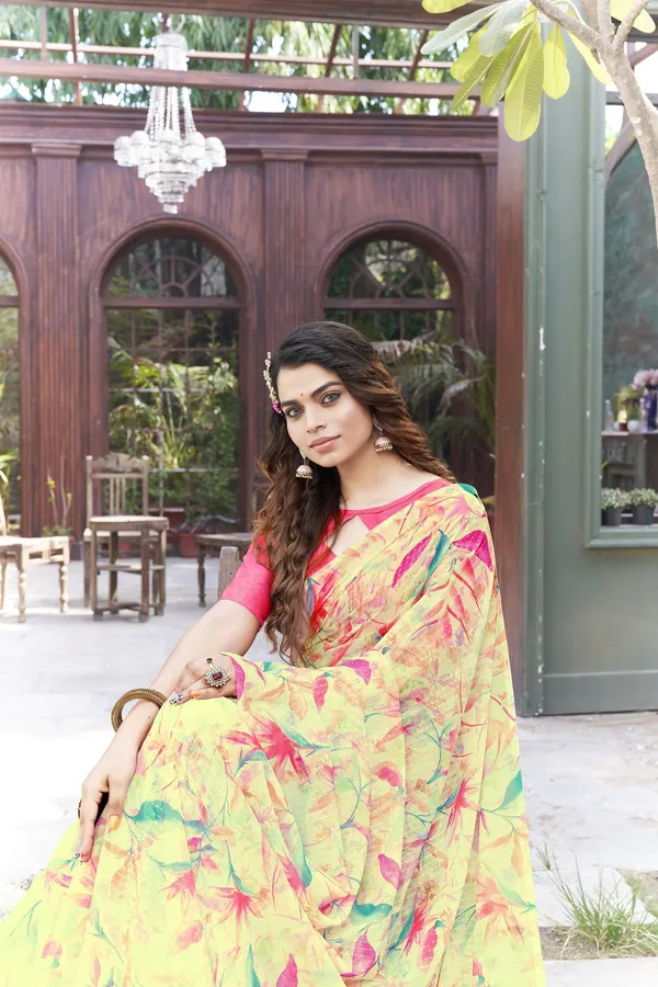 Yellow_Georgette_Sequin_Embroidered_Digital_Print_Saree_For_Women_|_With_Blouse_Piece