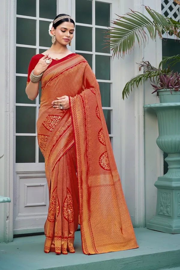 Red_Georgette_Banarasi_Jacquard_Floral_Woven_Saree_For_Women_|_With_Blouse_Piece