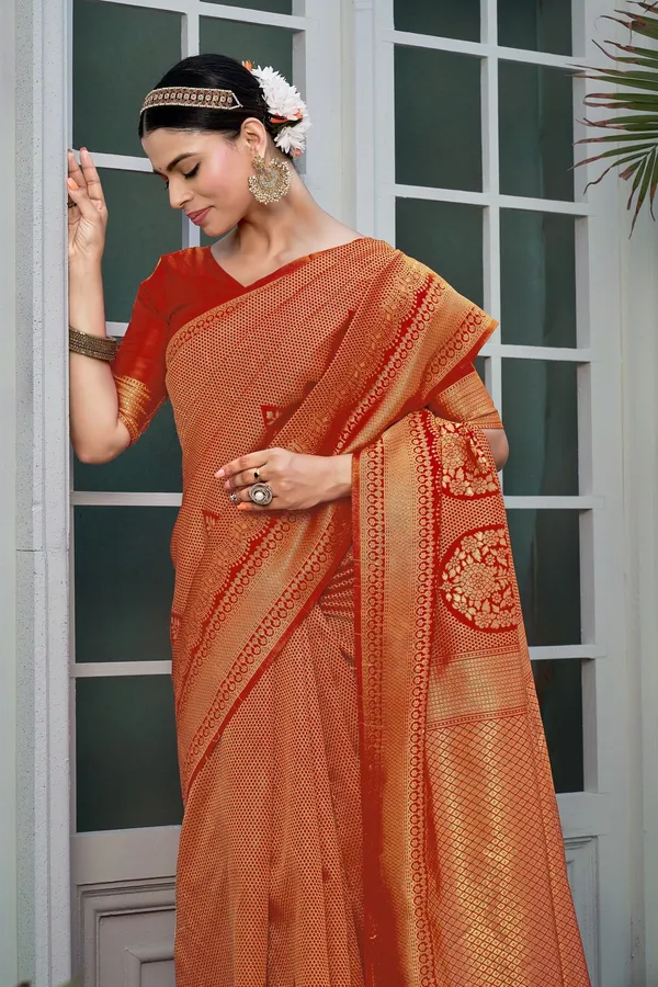 Red_Georgette_Banarasi_Jacquard_Floral_Woven_Saree_For_Women_|_With_Blouse_Piece