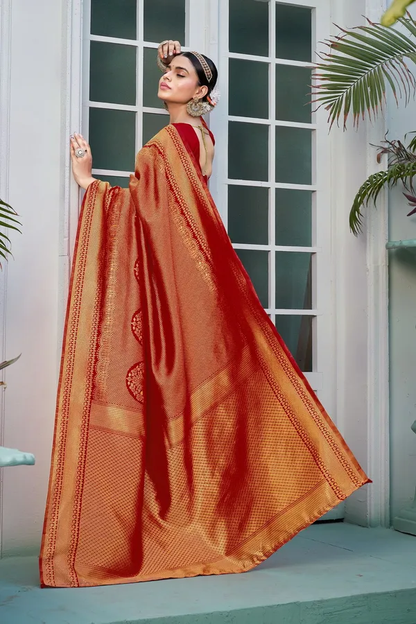 Red_Georgette_Banarasi_Jacquard_Floral_Woven_Saree_For_Women_|_With_Blouse_Piece