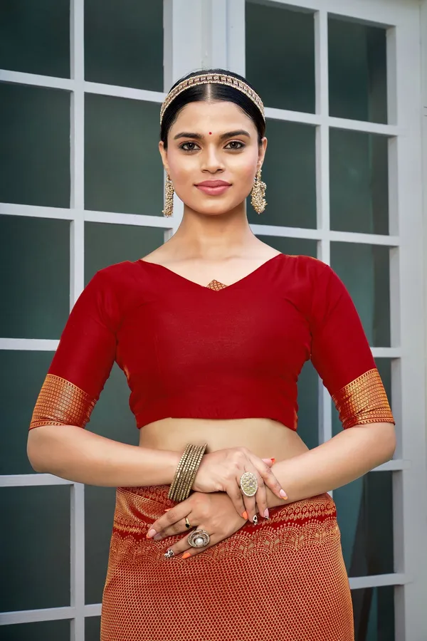 Red_Georgette_Banarasi_Jacquard_Floral_Woven_Saree_For_Women_|_With_Blouse_Piece