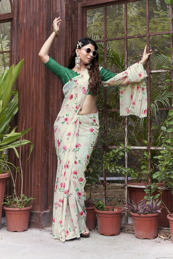 White_Georgette_Sequin_Embroidered_Digital_Print_Saree_For_Women_|_With_Blouse_Piece