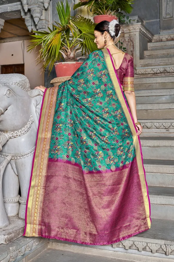 Green_Banarasi_Pure_Silk_Digital_Print_Jacquard_Woven_Saree_For_Women_|_With_Blouse_Piece
