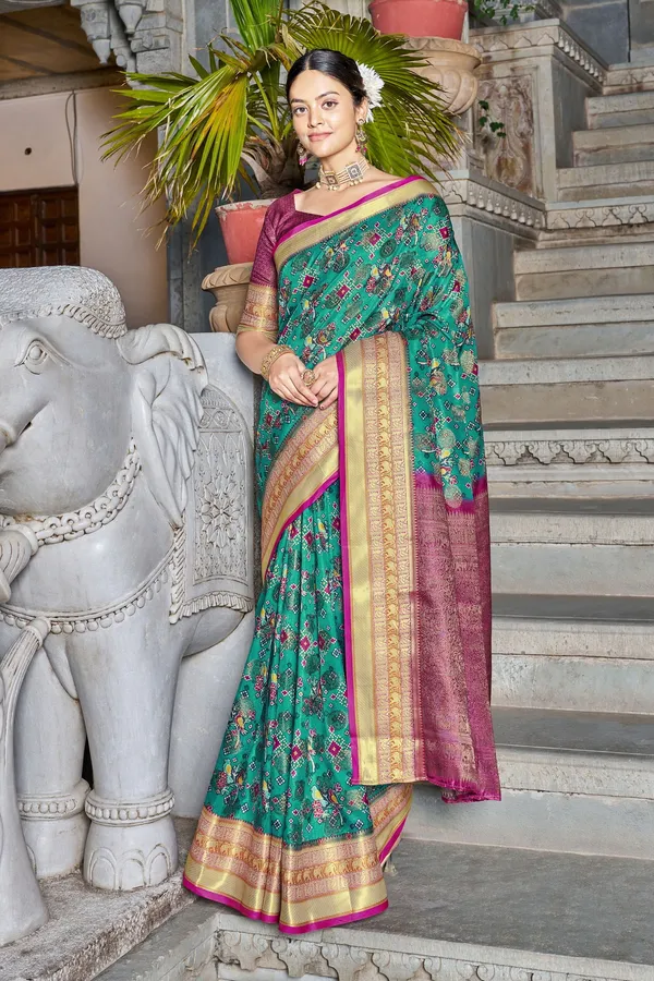 Green_Banarasi_Pure_Silk_Digital_Print_Jacquard_Woven_Saree_For_Women_|_With_Blouse_Piece