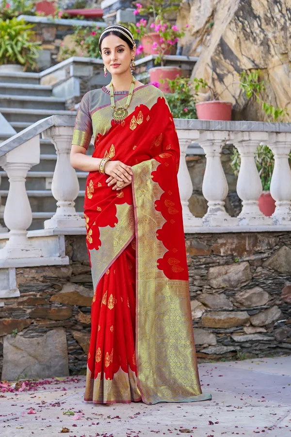 Red_Grey_Georgette_Banarasi_Jacquard_Woven_Contrast_Pallu_Saree_For_Women_|_With_Blouse_Piece