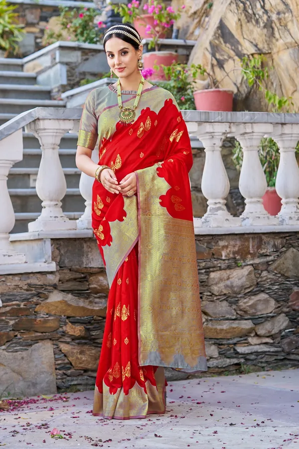 Red_Grey_Georgette_Banarasi_Jacquard_Woven_Contrast_Pallu_Saree_For_Women_|_With_Blouse_Piece
