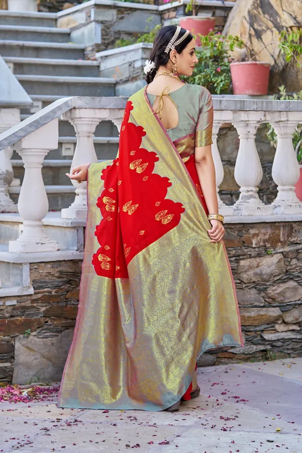 Red_Grey_Georgette_Banarasi_Jacquard_Woven_Contrast_Pallu_Saree_For_Women_|_With_Blouse_Piece