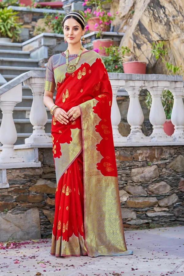 Red_Grey_Georgette_Banarasi_Jacquard_Woven_Contrast_Pallu_Saree_For_Women_|_With_Blouse_Piece