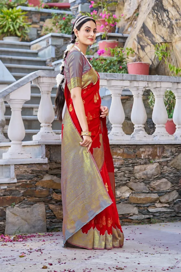 Red_Grey_Georgette_Banarasi_Jacquard_Woven_Contrast_Pallu_Saree_For_Women_|_With_Blouse_Piece