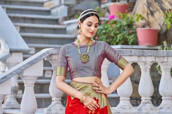 Red_Grey_Georgette_Banarasi_Jacquard_Woven_Contrast_Pallu_Saree_For_Women_|_With_Blouse_Piece