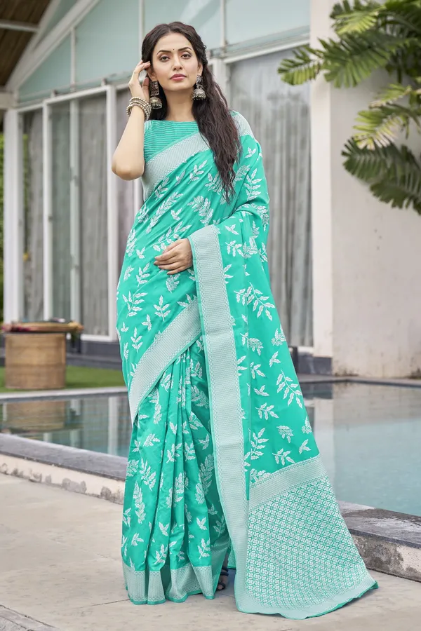 Light_Green_Banarasi_Silk_Jacquard_Leaf_Motif_Woven_Saree_For_Women_|_With_Blouse_Piece