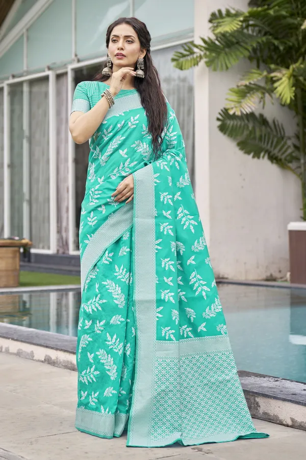 Light_Green_Banarasi_Silk_Jacquard_Leaf_Motif_Woven_Saree_For_Women_|_With_Blouse_Piece