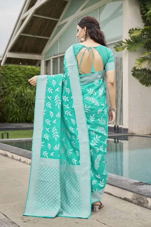 Light_Green_Banarasi_Silk_Jacquard_Leaf_Motif_Woven_Saree_For_Women_|_With_Blouse_Piece